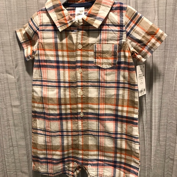 CARTERS BOY 24 MONTH BUTTON UP FRONT SNAPS MIDDLE NWT 100% ALGODON COTTON ROMPER - Picture 3 of 9